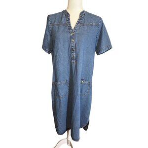 Vintage National Blue Denim Tunic Dress Pockets Snap Short Sleeve Cotton M